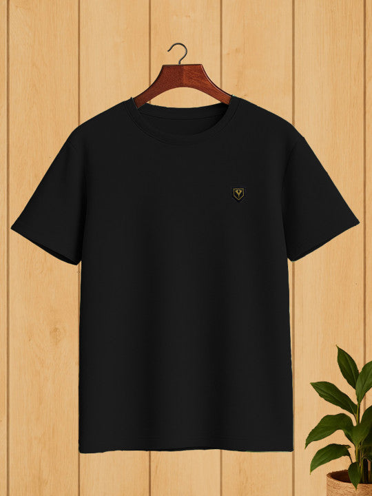 Solid Neck Cotton Blend Black T shirt For Men