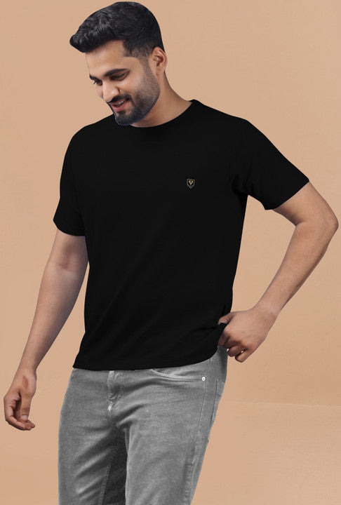 Solid Neck Cotton Blend Black T shirt For Men